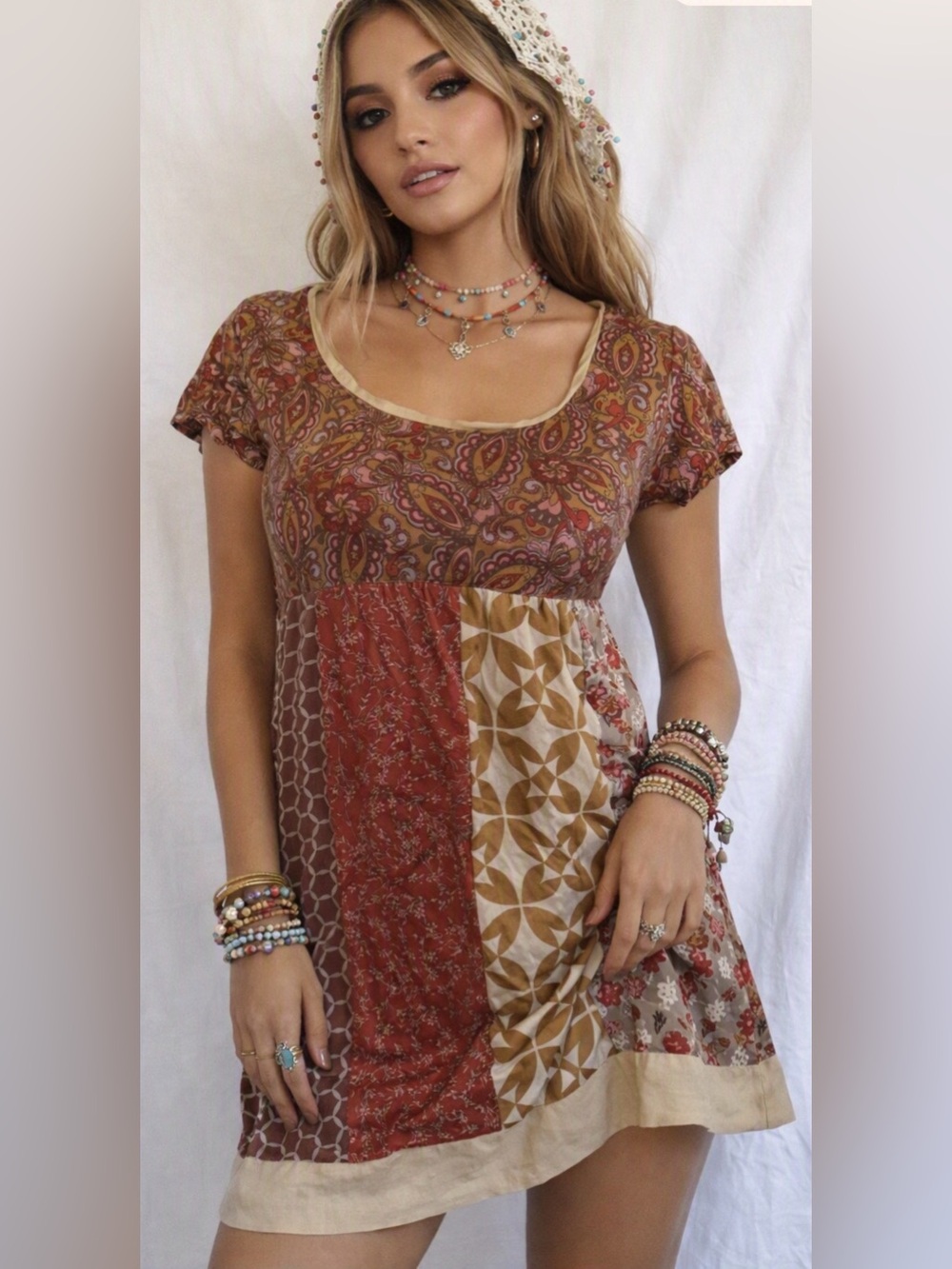 Garnet Hill Women’s Vintage Silk Babydoll Dress in Pink/Beige Mixed Media sz XS